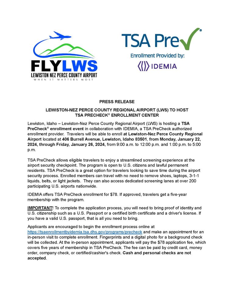 Public Notice TSA Precheck Event Held January 22 2024 Through   LWS TSA PreCheck 1.2024. Page 1 768x994 