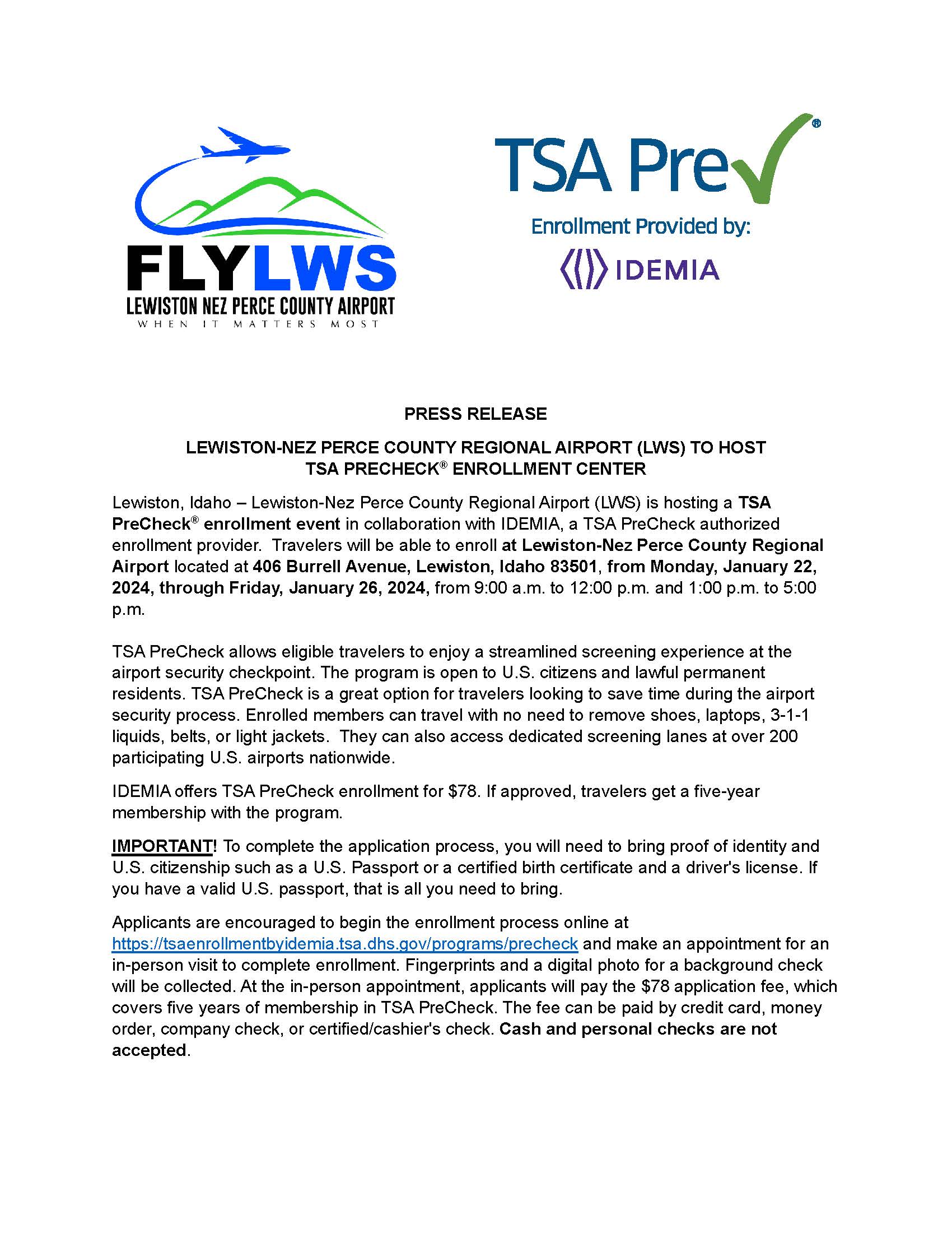 Public Notice TSA Precheck Event Held January 22 2024 Through   LWS TSA PreCheck 1.2024. Page 1 